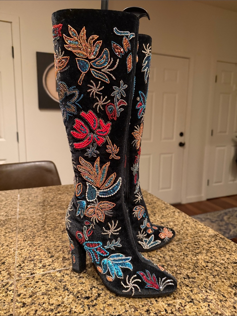 Jeffrey Campbell 5.5 Black Velvet Knee-High Embroidered Beaded Boots